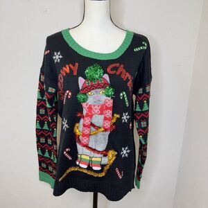Meowy Christmas Holiday Ugly Sweater Cat Kitten‎ Lover Embellished Womens Size L